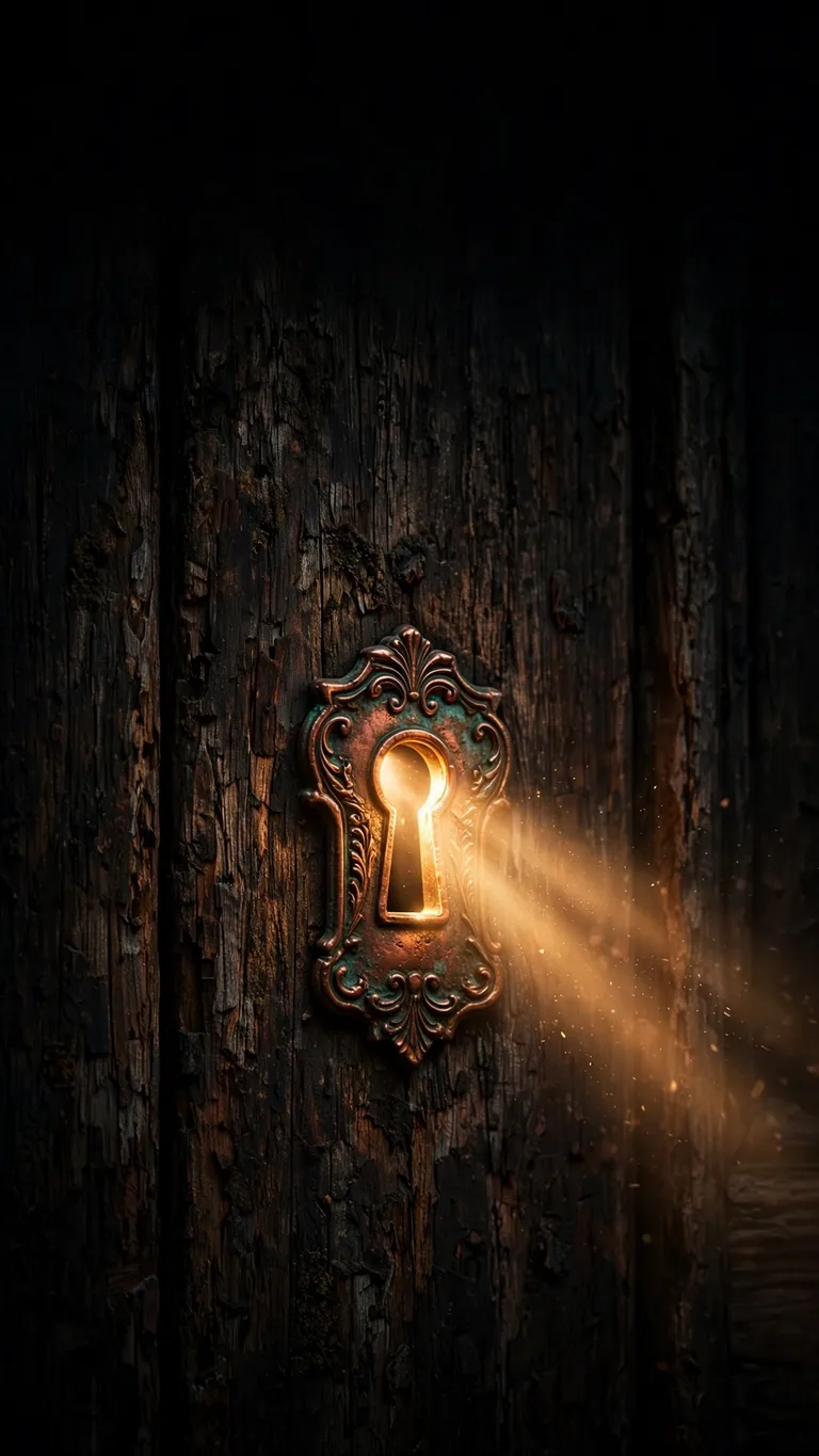 Warm golden light streams through an ornate copper keyhole in a dark door.