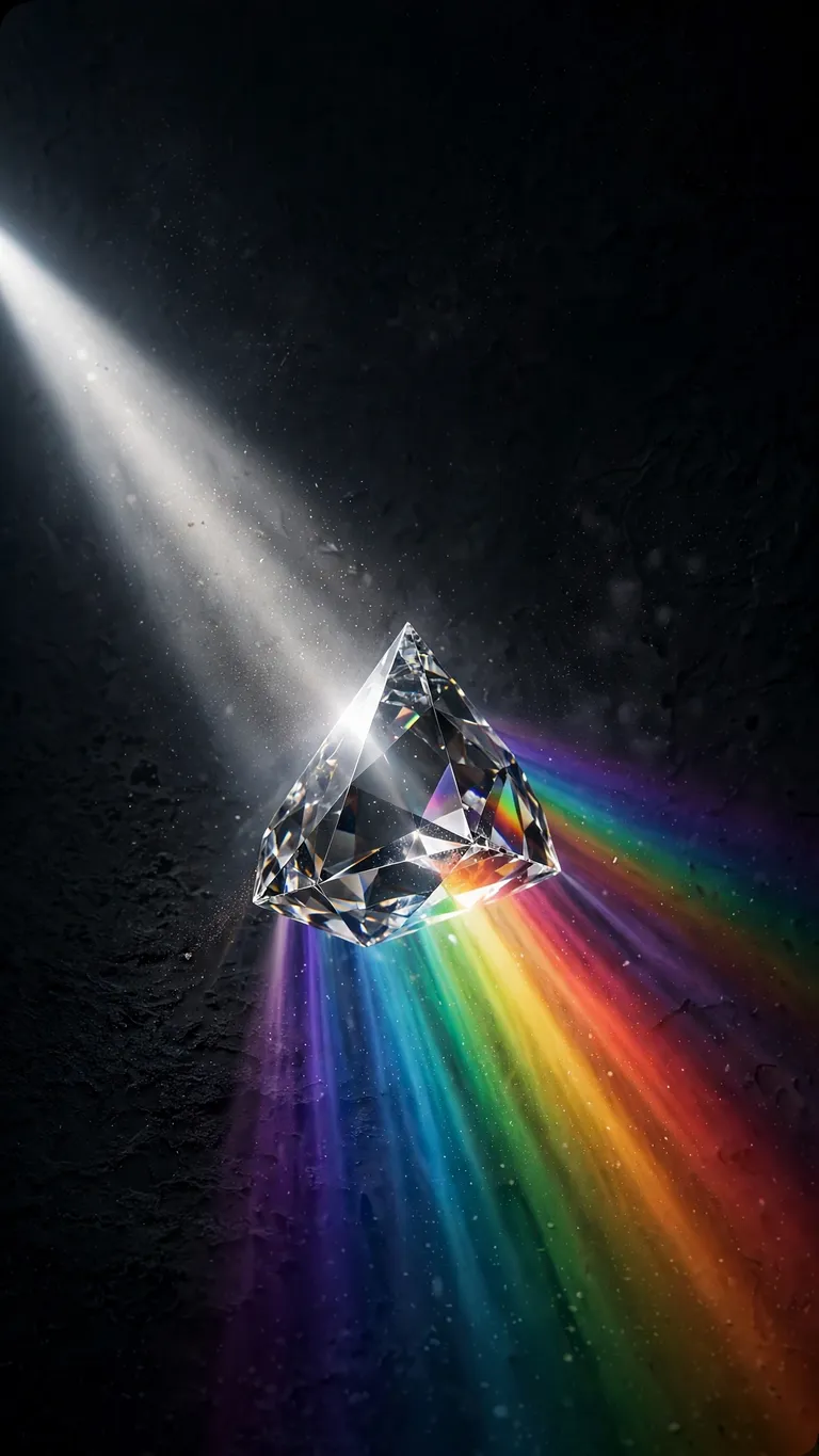 A crystal prism splits white light into a rainbow across dark texture.