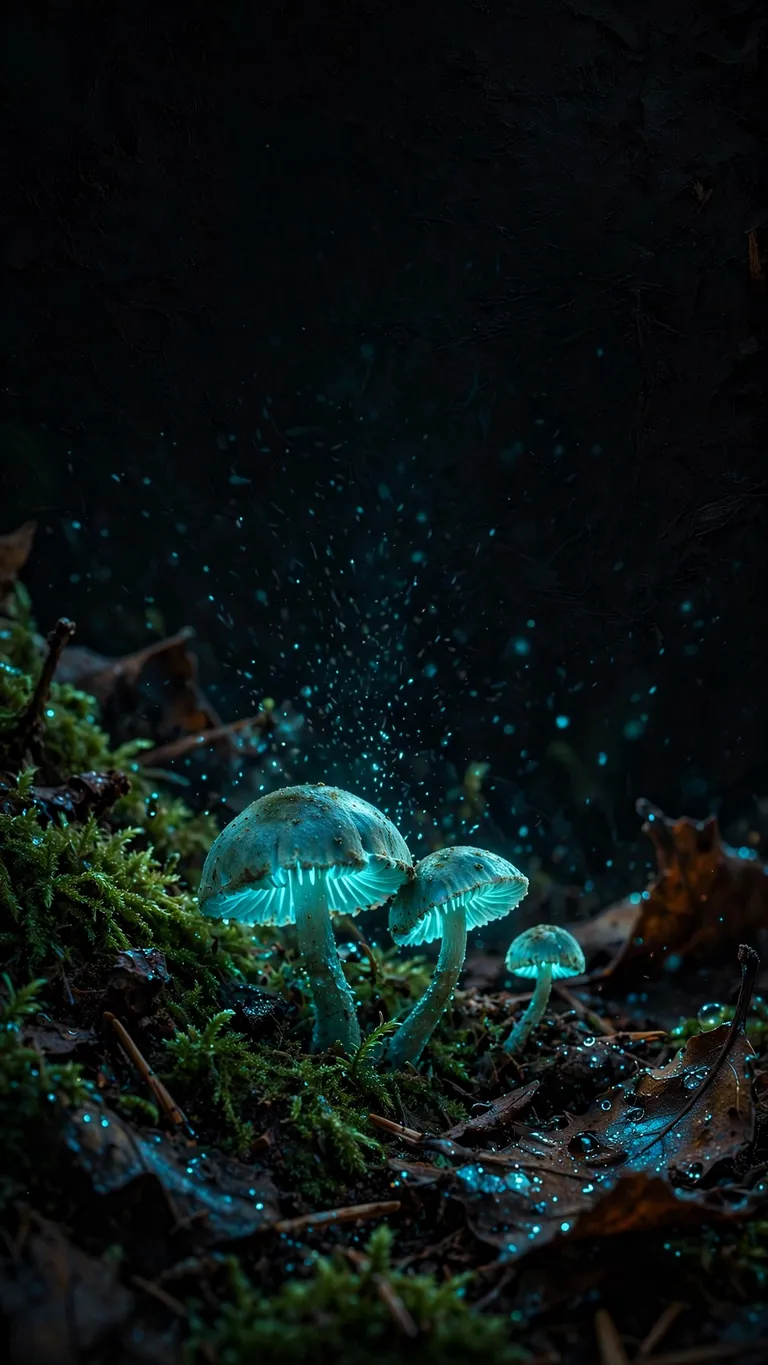 Bioluminescent mushrooms glow cyan on a dark forest floor at night.