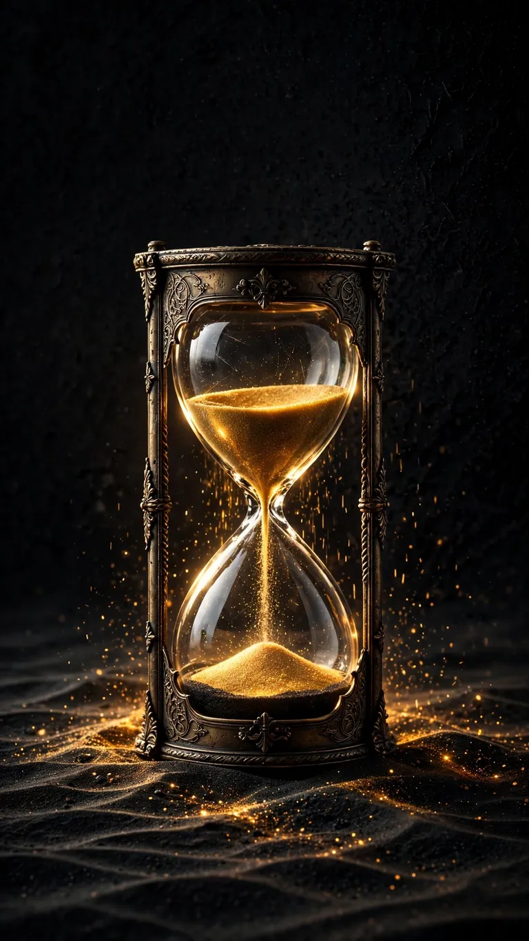 A glowing golden hourglass rests on rippled black sand in the dark.