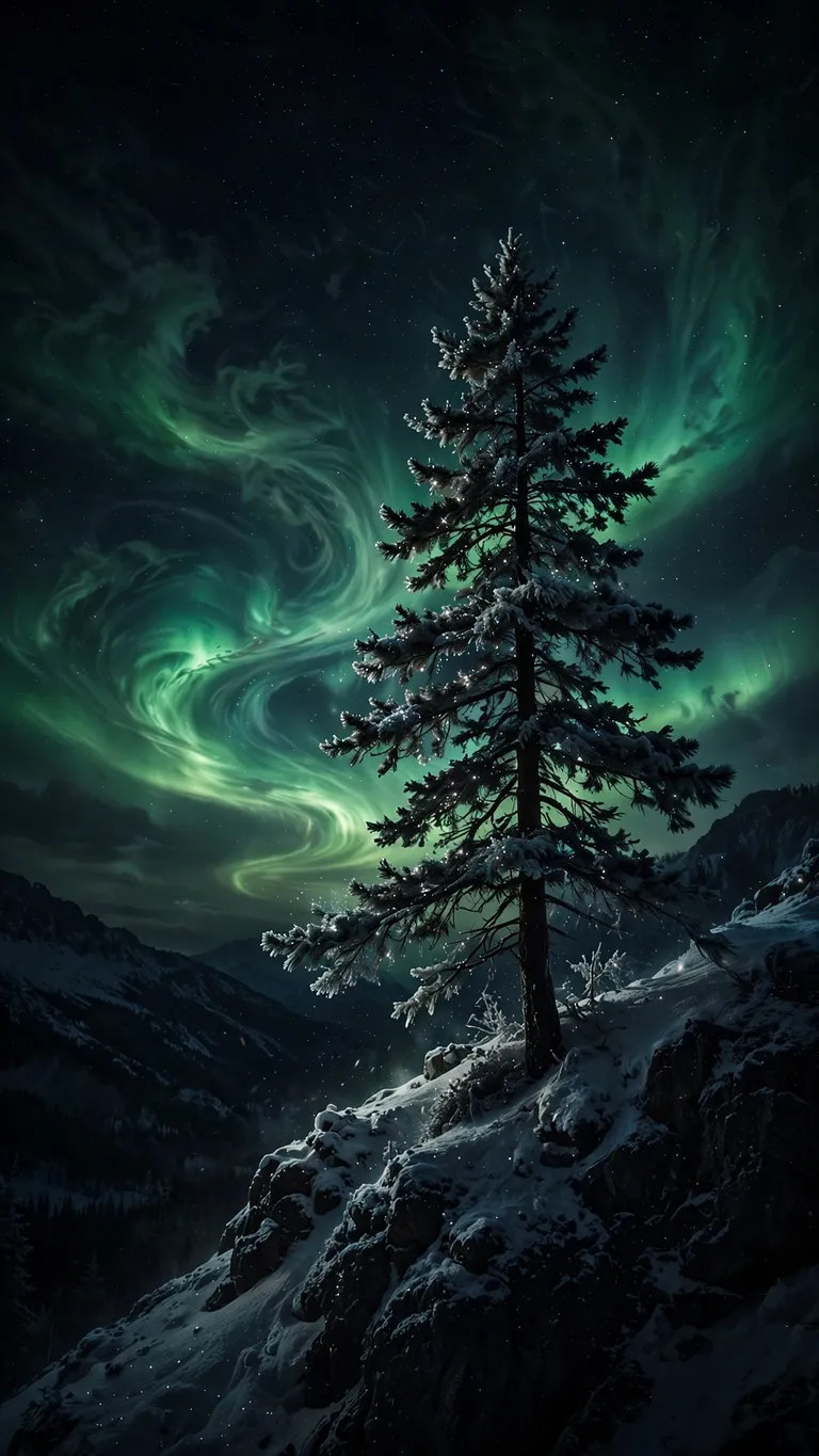 A single snowy pine stands under swirling green aurora at night.