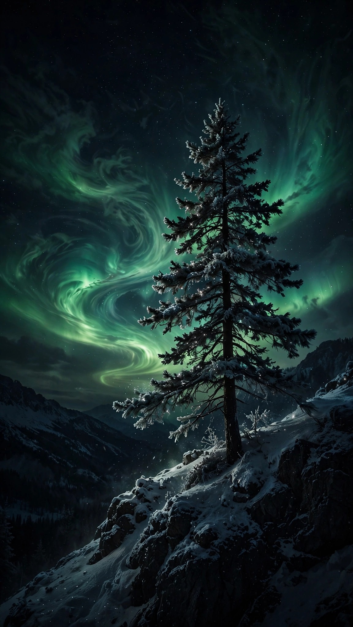 A single snowy pine stands under swirling green aurora at night.