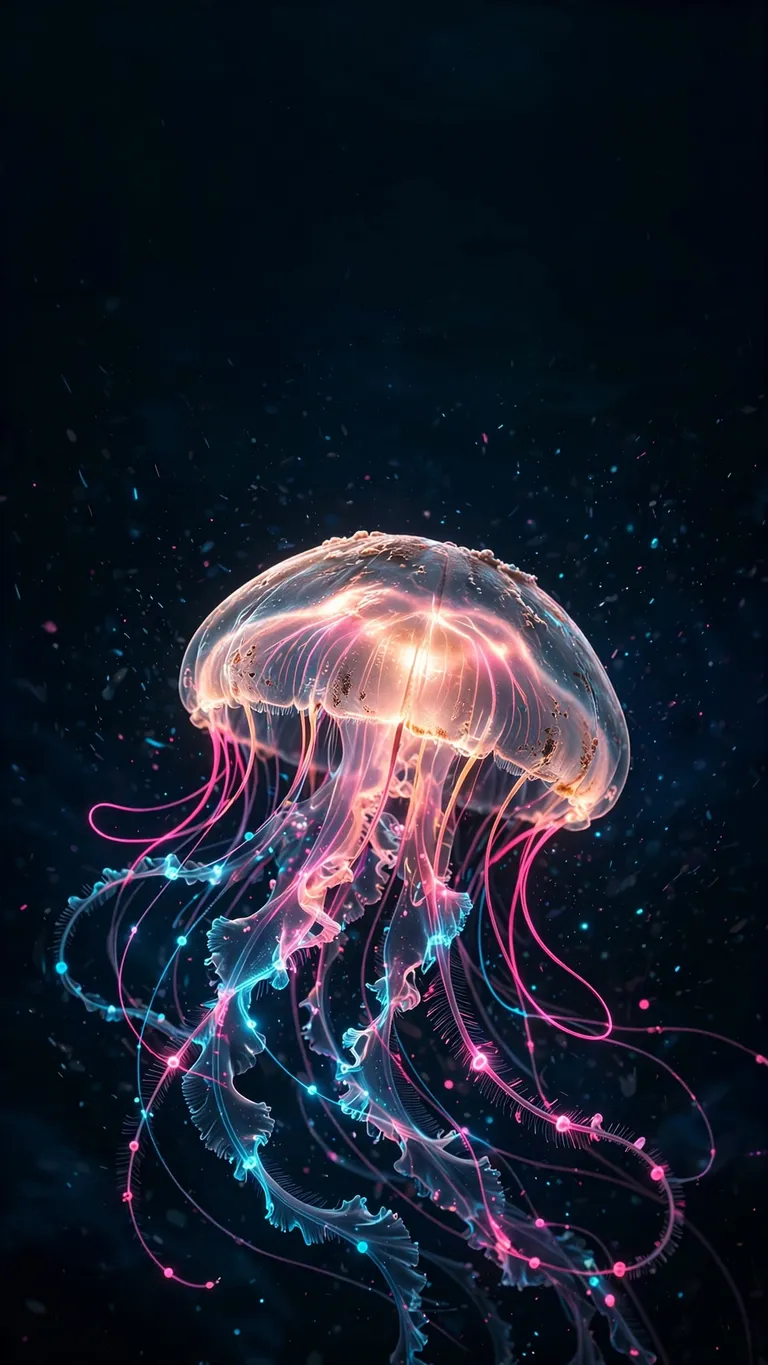A luminous neon jellyfish drifts alone through deep black water.