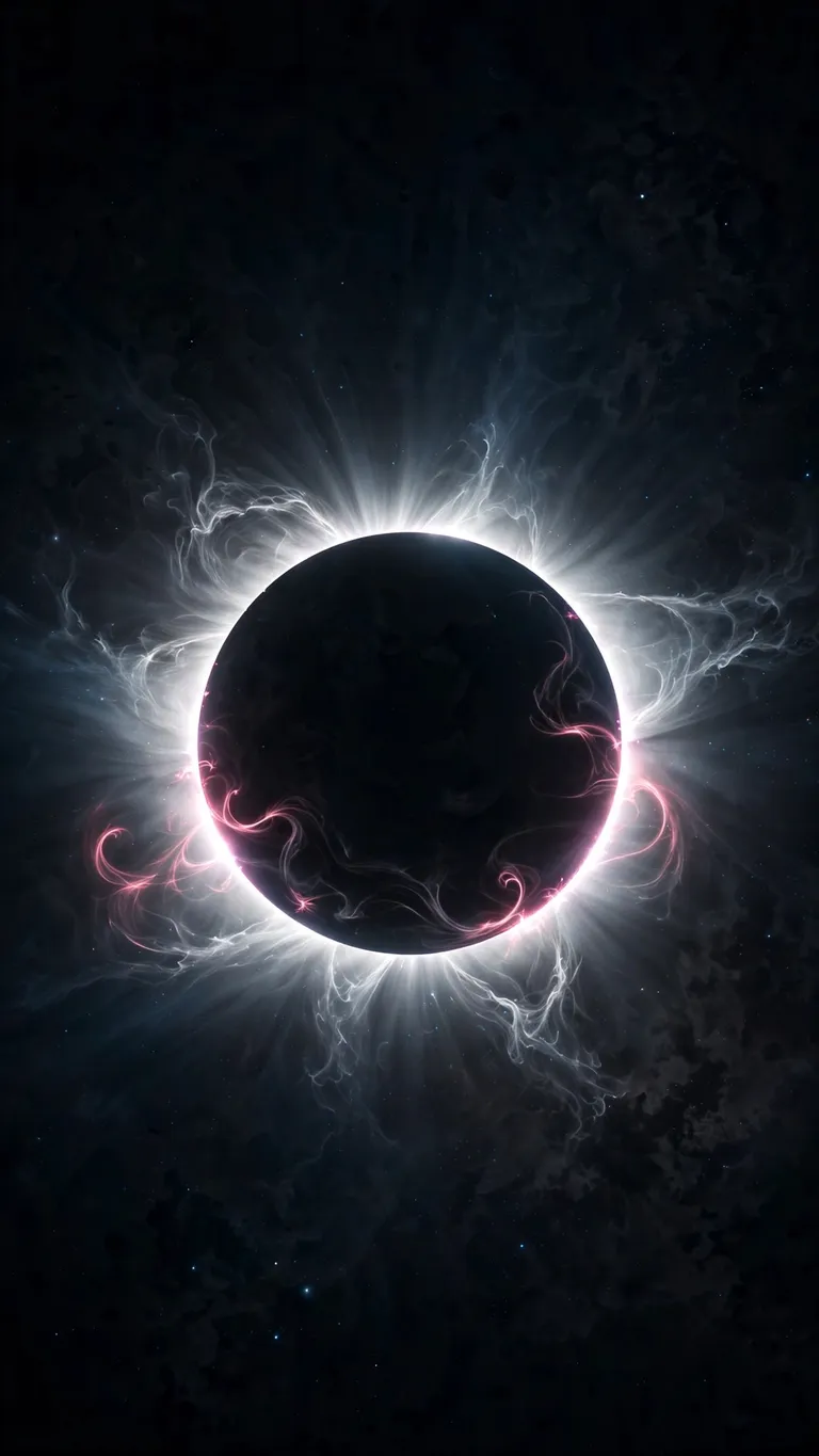 A blazing silver corona rings a black sun in a dark textured sky.