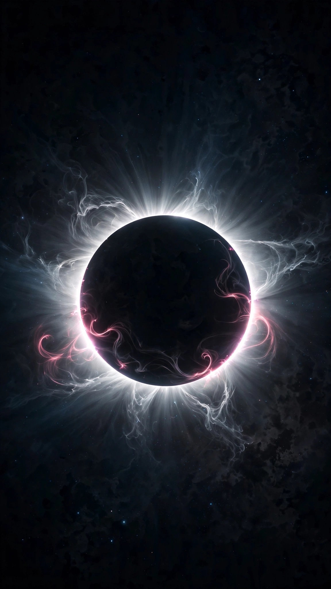 A blazing silver corona rings a black sun in a dark textured sky.