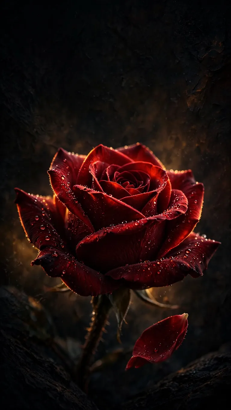 One deep-red rose with dew drops glows against a near-black background.