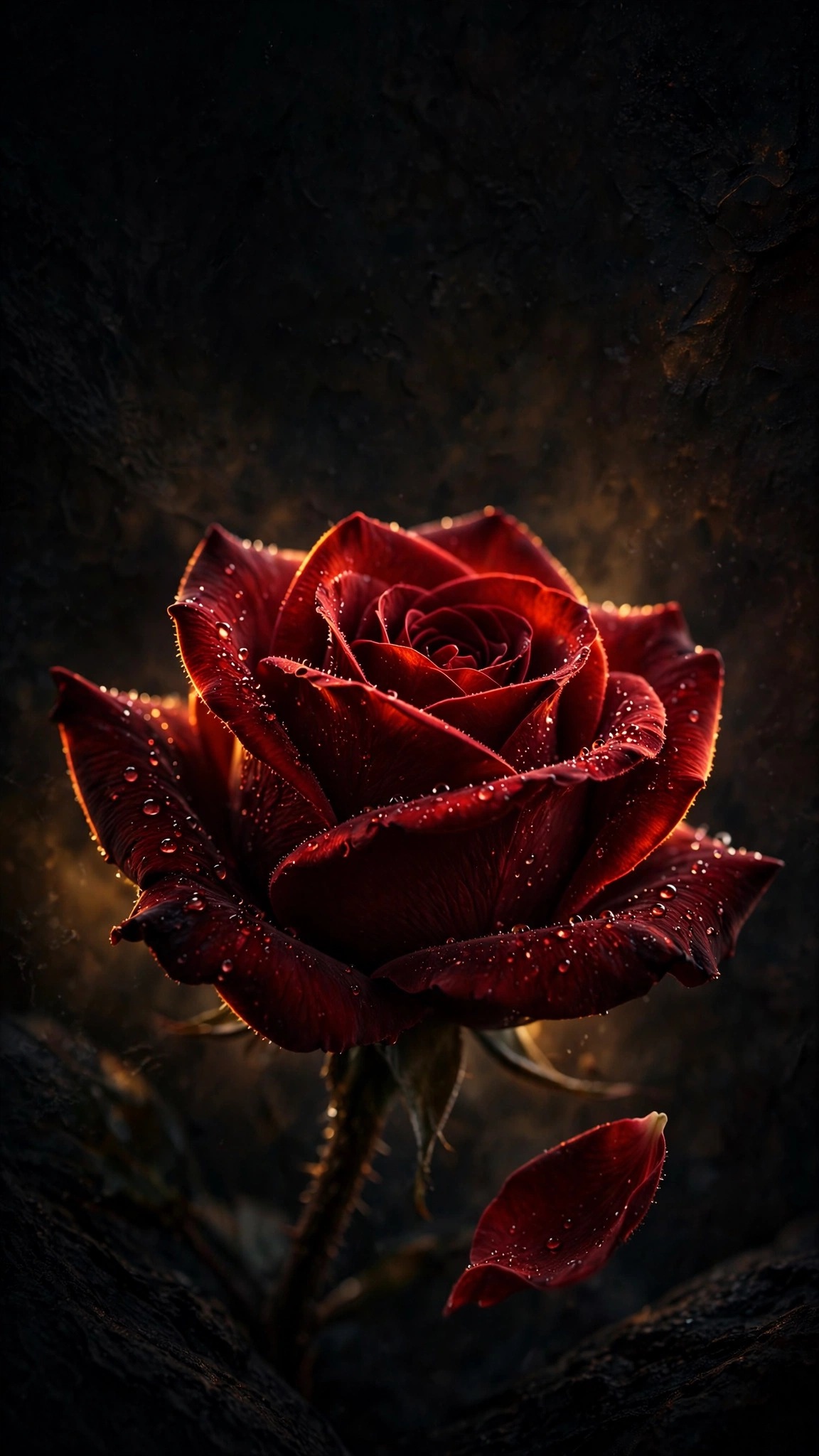 One deep-red rose with dew drops glows against a near-black background.