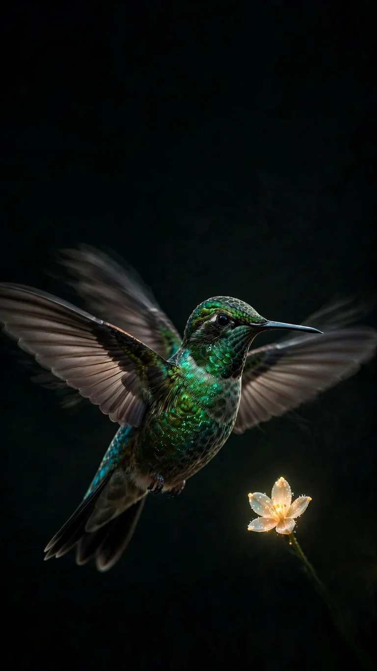 Emerald Hummingbird Dark, vertical minimal phone wallpaper