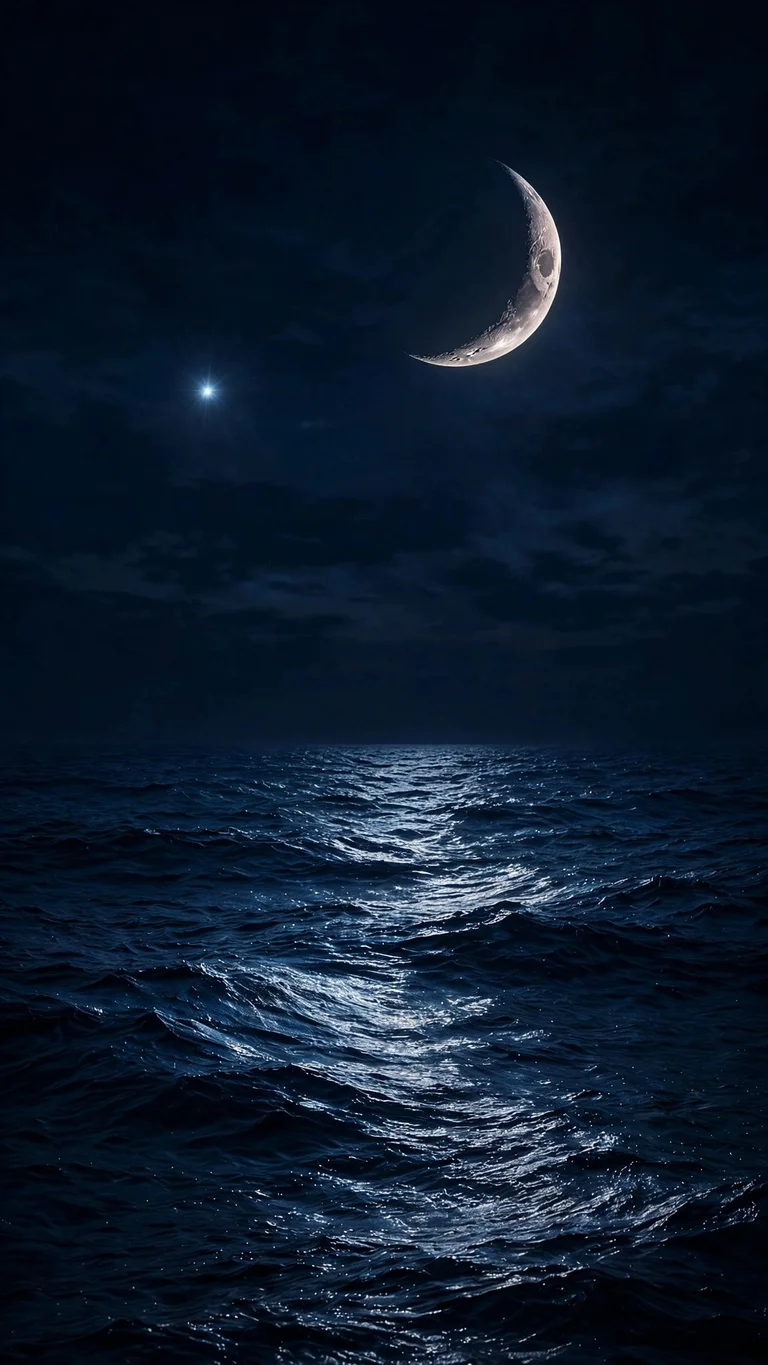 Lone Crescent Moon Ocean Night, vertical minimal phone wallpaper
