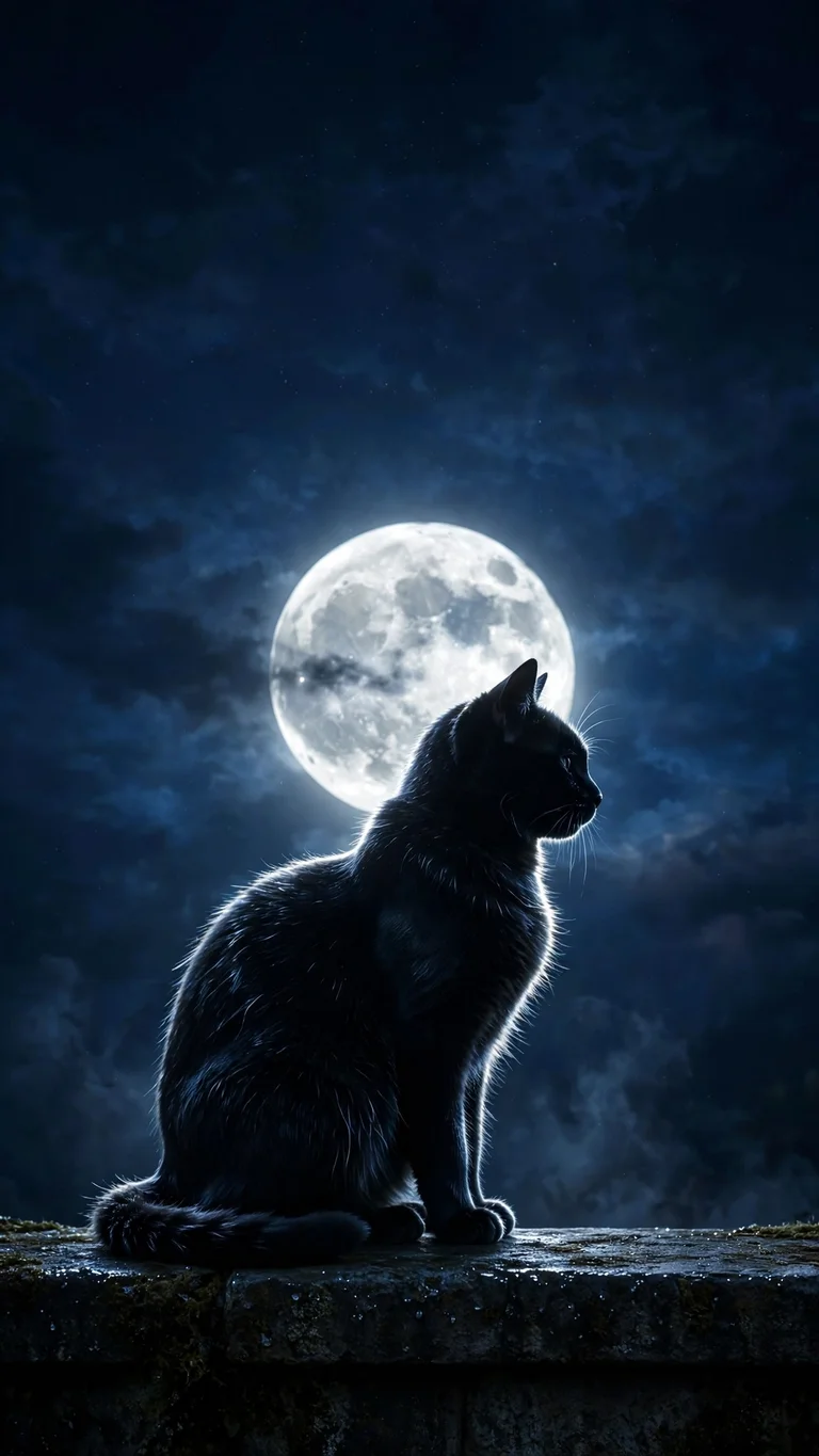 Shadow Cat Moonlit Windowsill, vertical minimal phone wallpaper