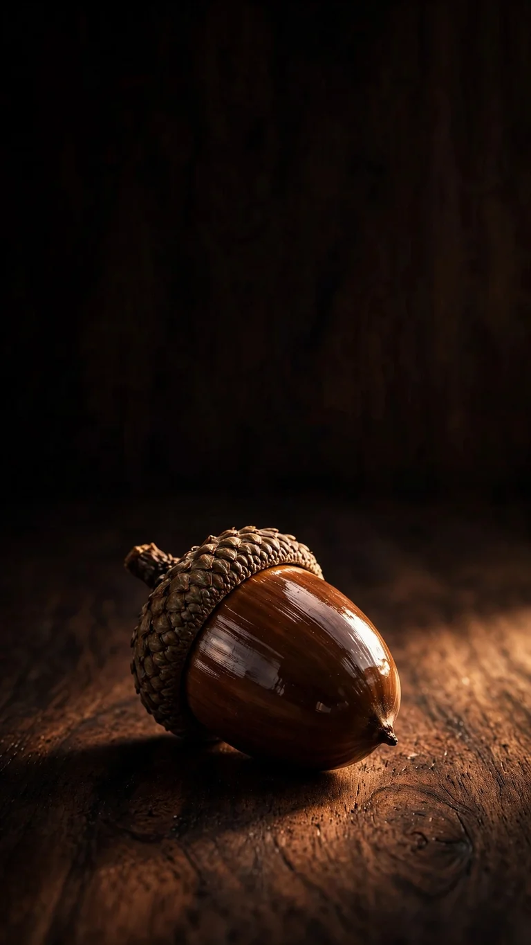 Single Acorn Dark Wood, vertical minimal phone wallpaper