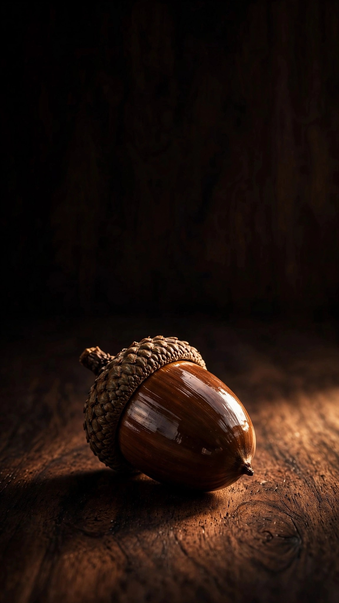 Single Acorn Dark Wood, vertical minimal phone wallpaper