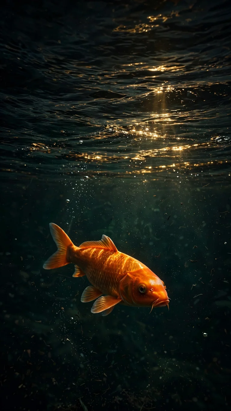 Single Koi Dark Pond, vertical minimal phone wallpaper