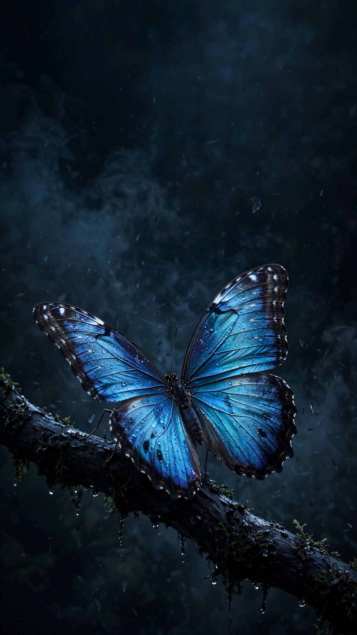 Blue morpho butterfly on charcoal branch - 9:16 minimal wallpaper