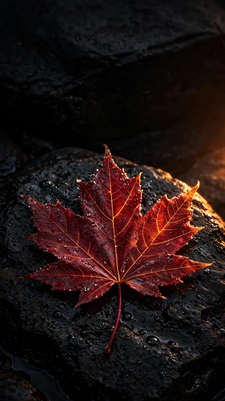Crimson maple leaf on dark stone - 9:16 minimal wallpaper
