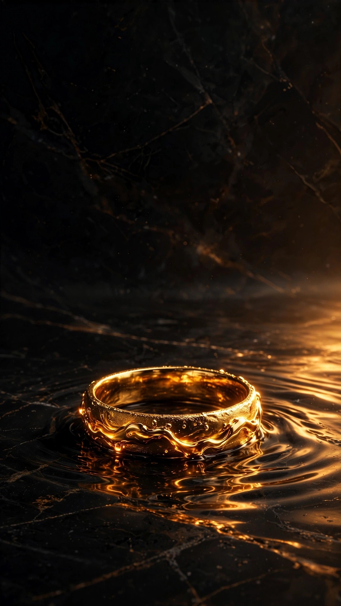 Molten gold ring on black marble - 9:16 minimal wallpaper