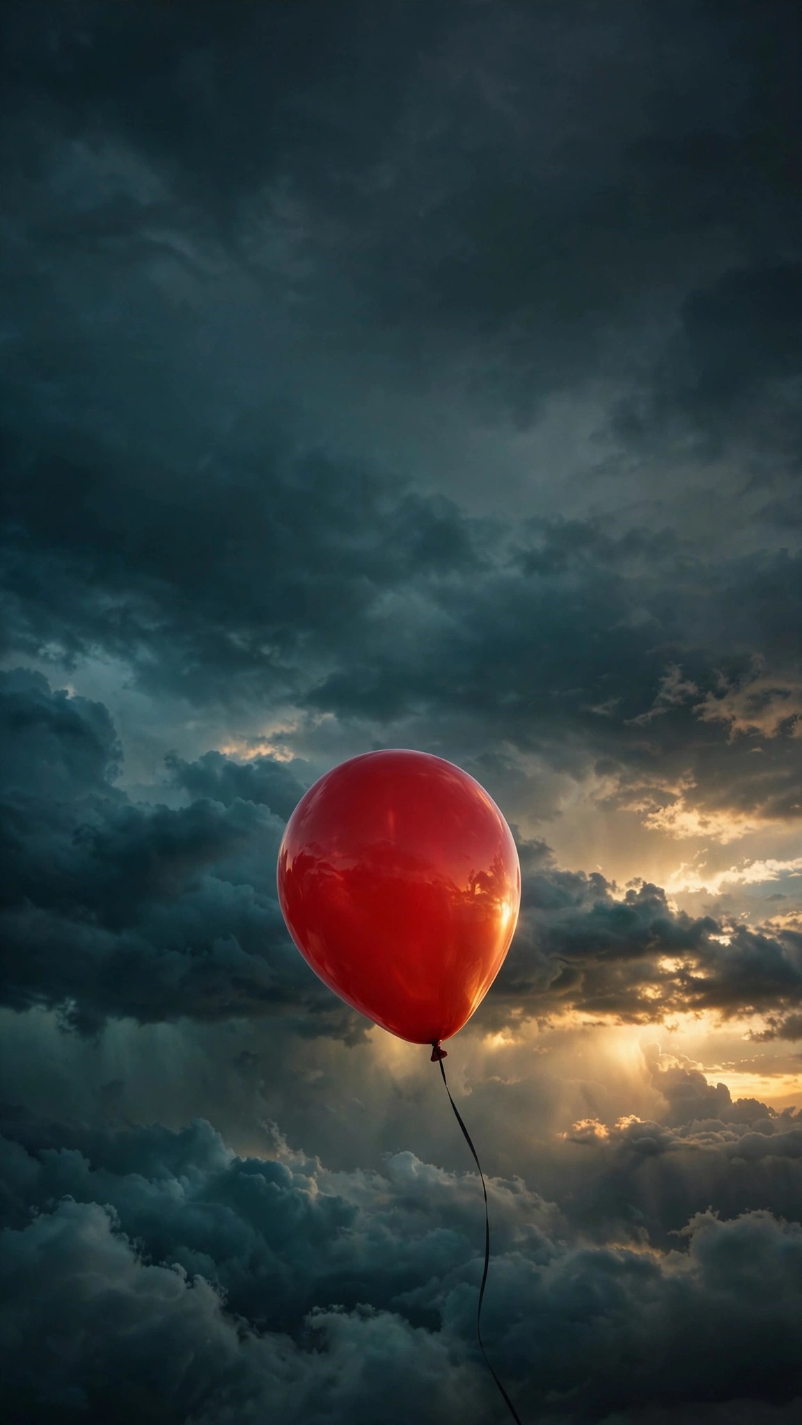 Red balloon against dusk storm clouds - 9:16 minimal wallpaper