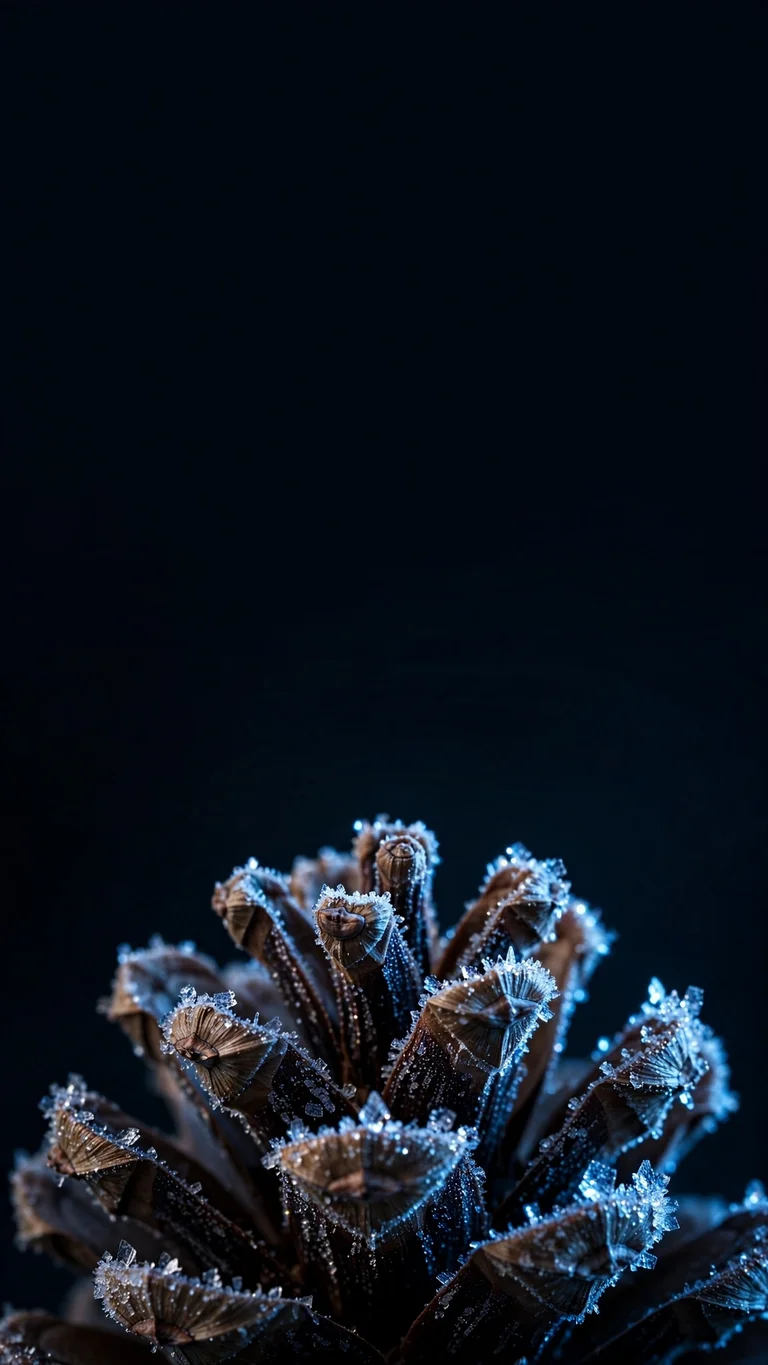Frost-covered pinecone in macro with sparkling ice crystals on dark background, minimal wallpaper