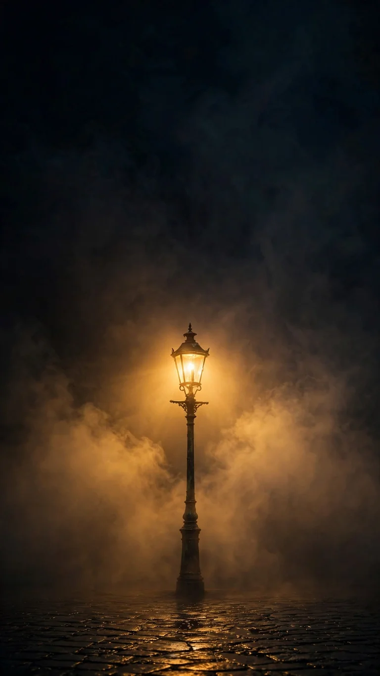 Lone streetlamp glowing warm in thick night fog over wet cobblestones, minimal wallpaper