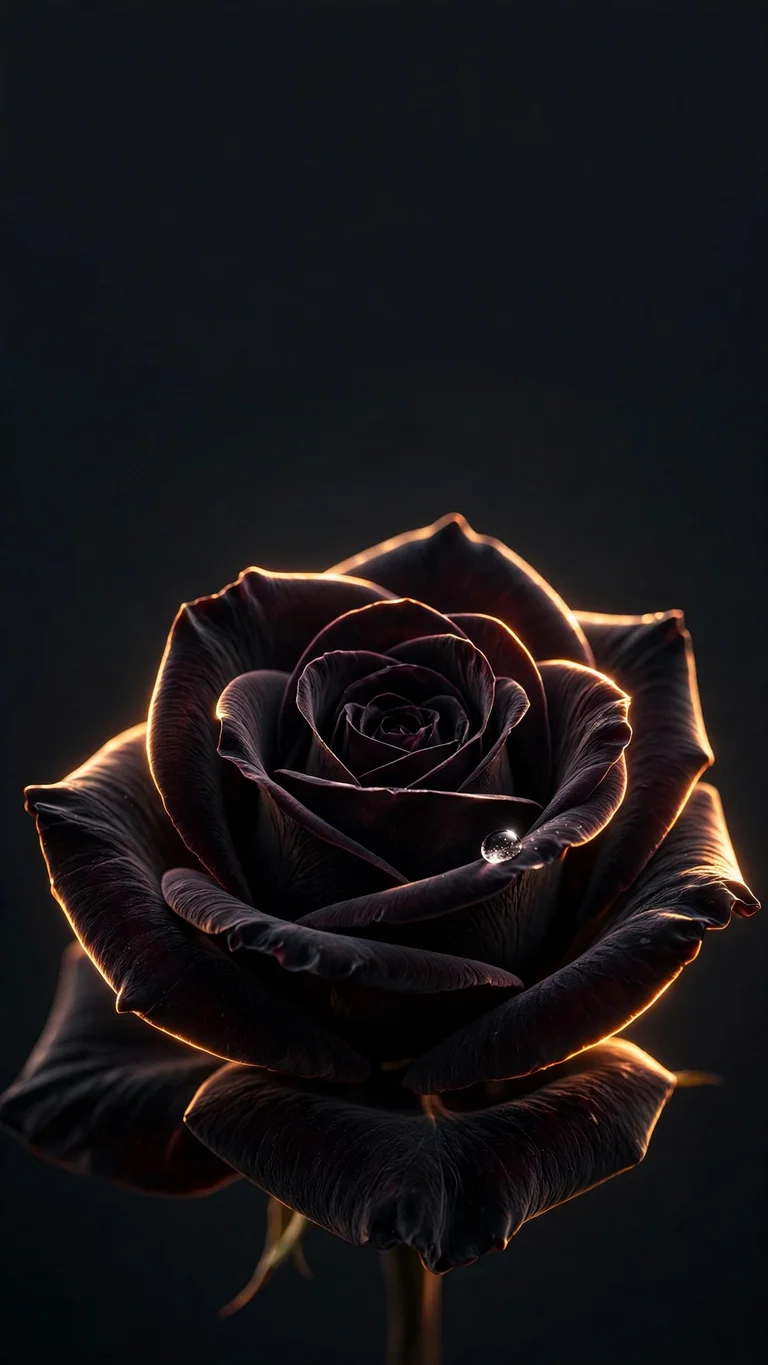 Black rose with a sparkling dewdrop and glowing rim light on a dark background, minimal wallpaper
