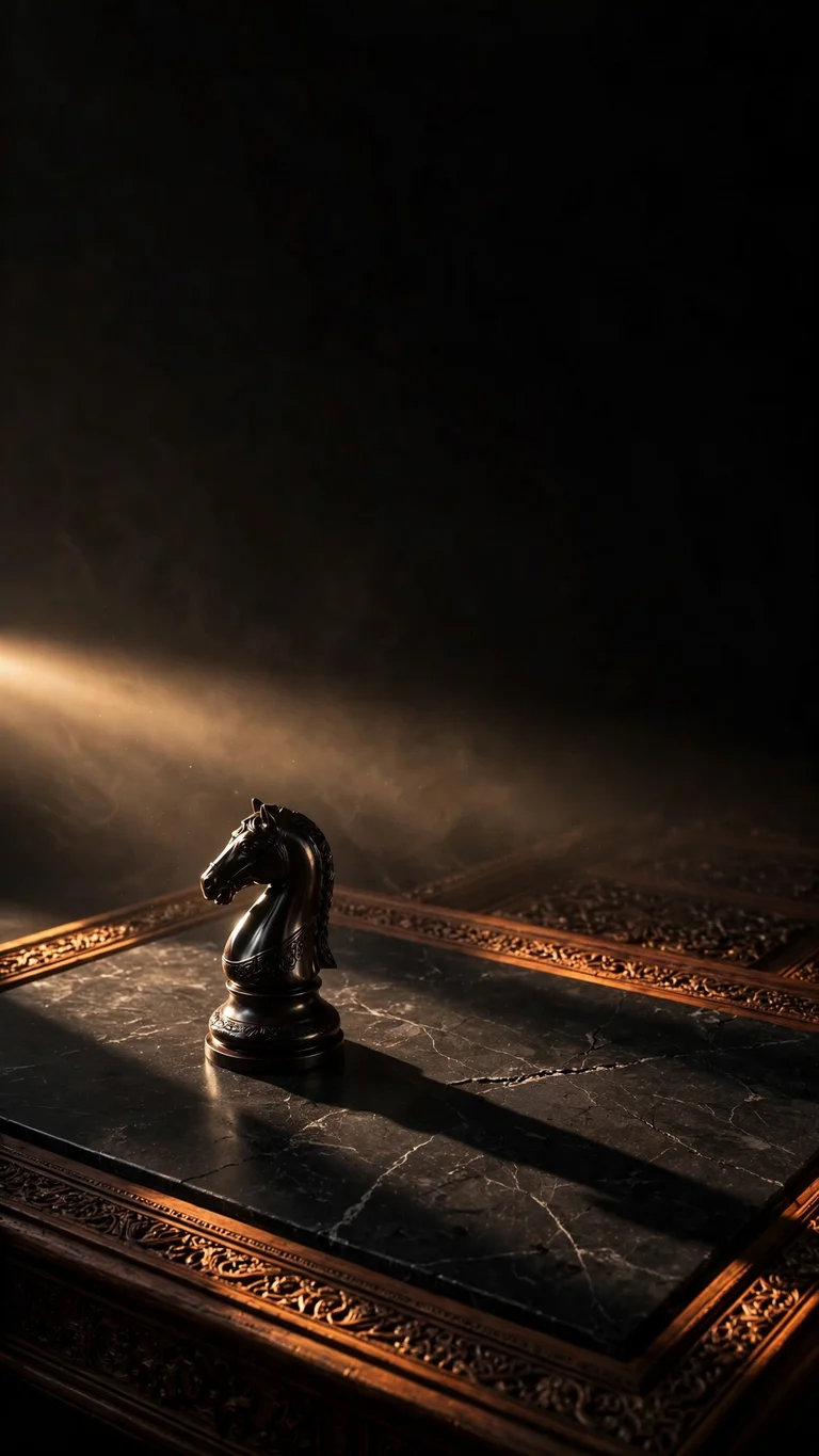 Dark chess knight with a long shadow on black marble under a beam of light, minimal wallpaper