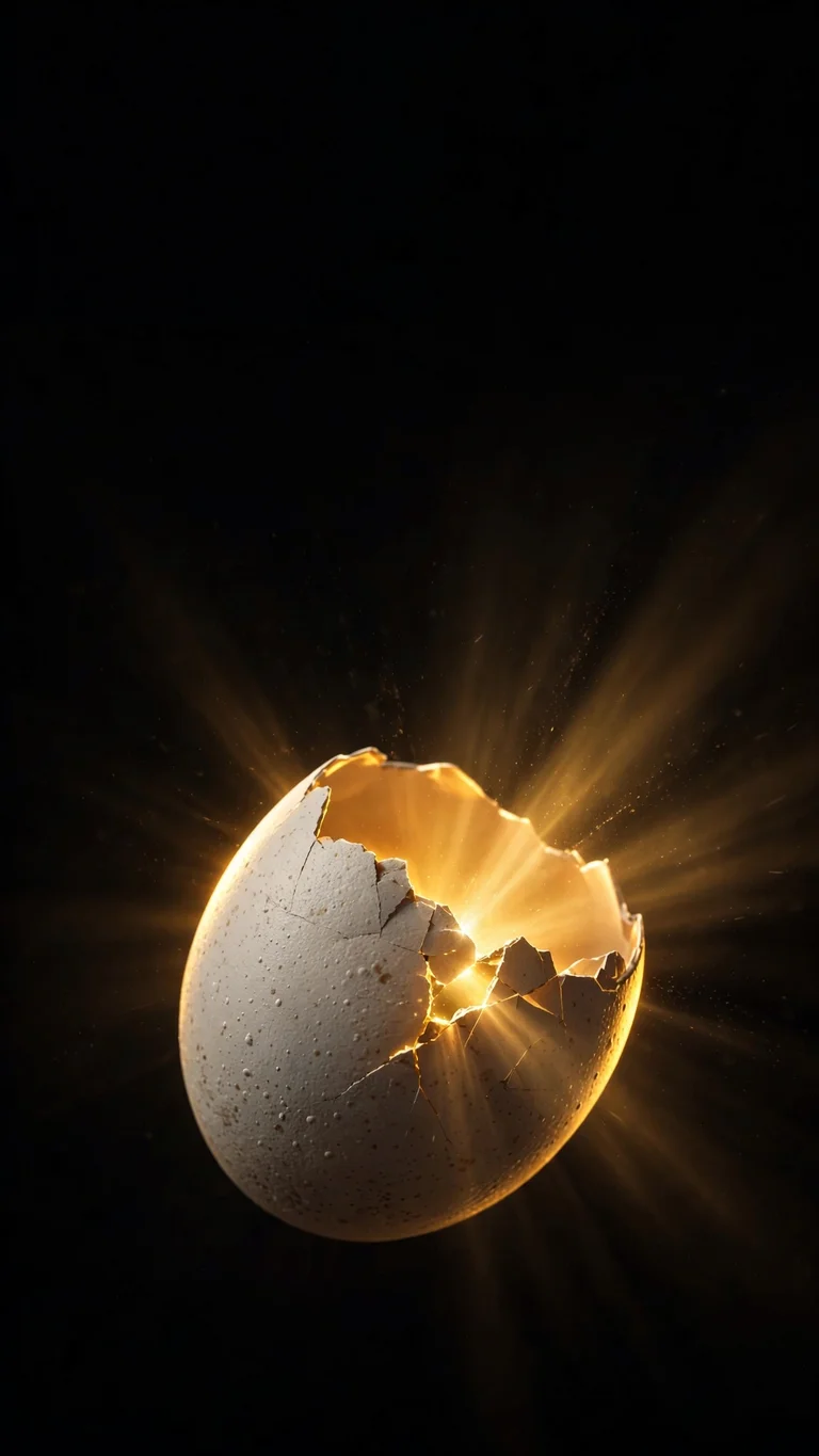 Golden light streaming through a cracked eggshell on a black background, minimal wallpaper