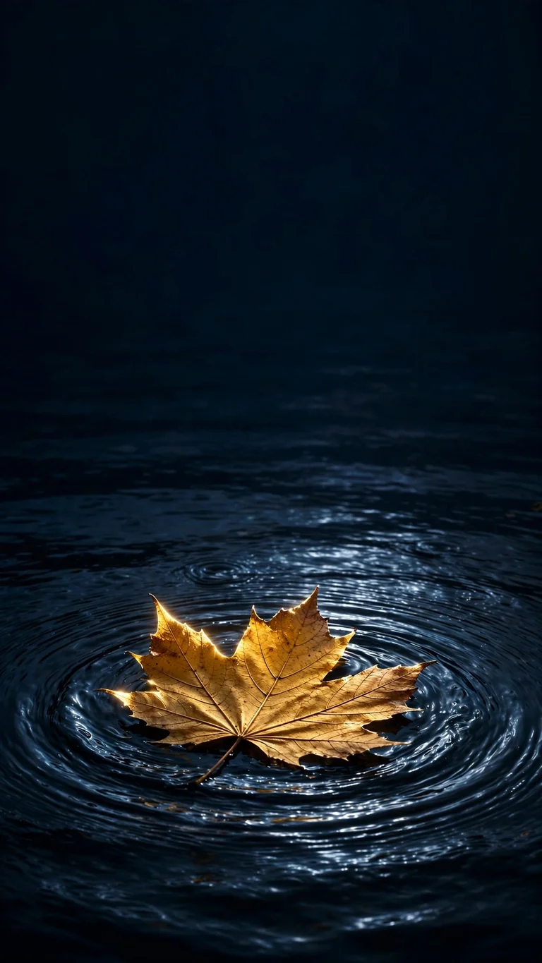 Golden autumn leaf floating on dark night water with moonlit ripples, minimal wallpaper