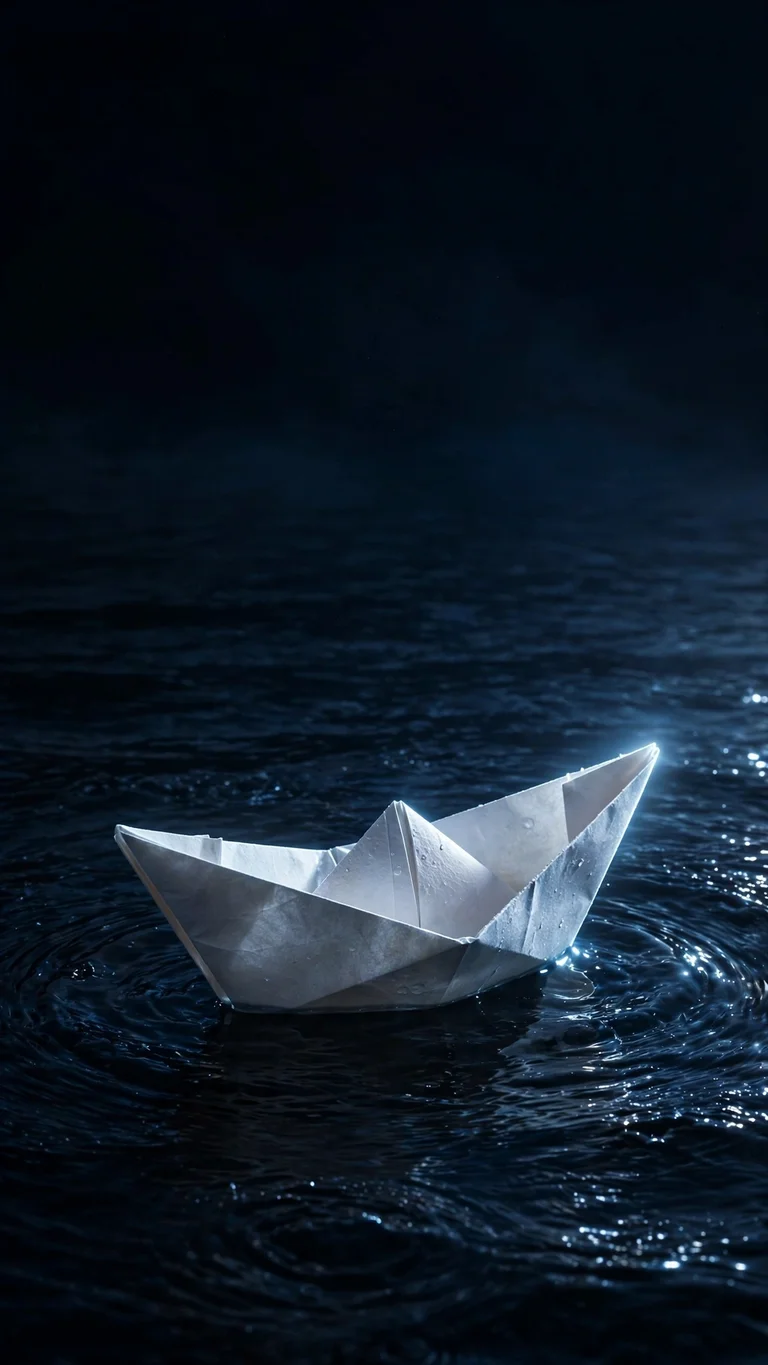 White origami boat floating on dark rippling night water in moonlight, minimal wallpaper