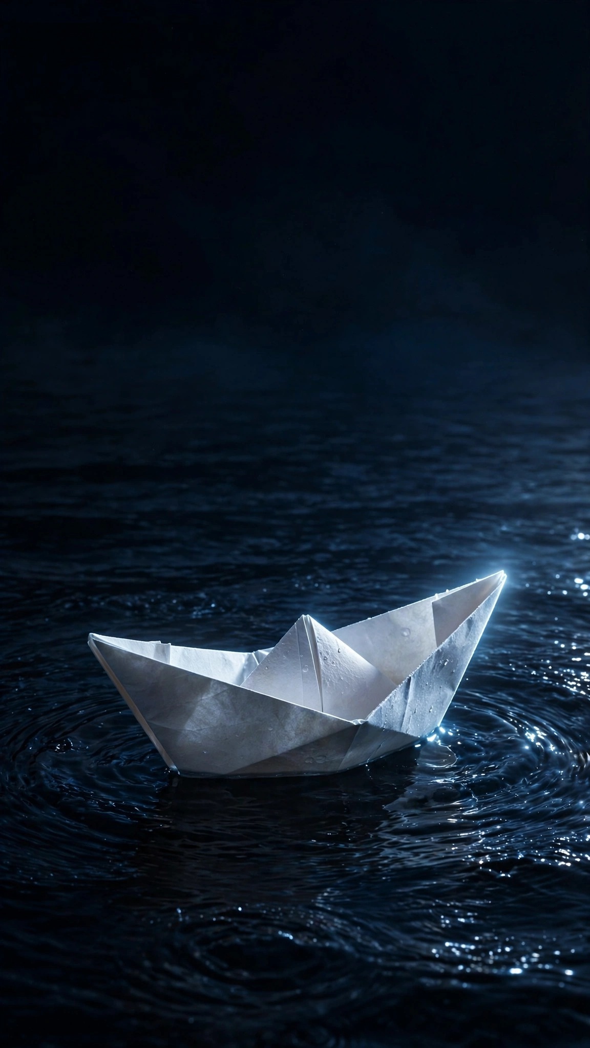 White origami boat floating on dark rippling night water in moonlight, minimal wallpaper
