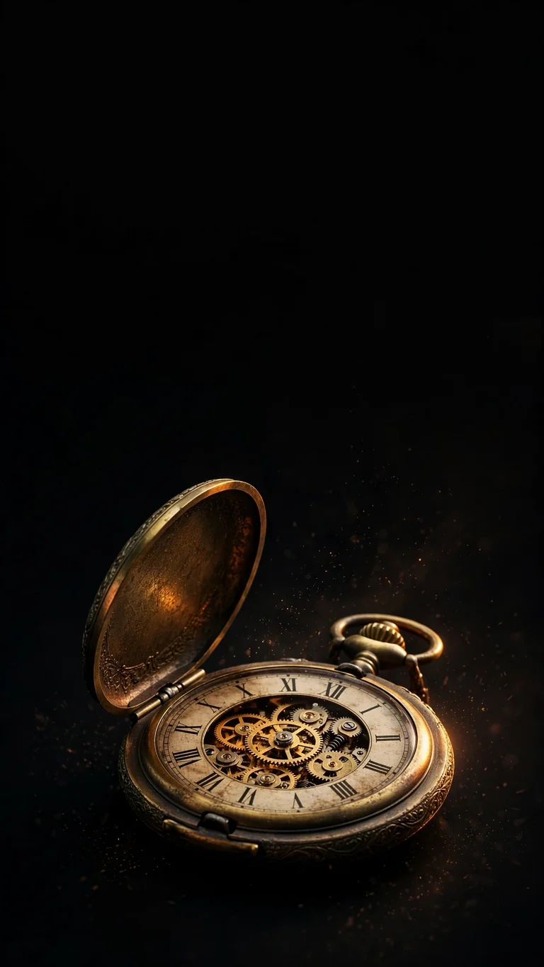 Antique brass pocket watch glowing in the dark with visible gears, minimal wallpaper