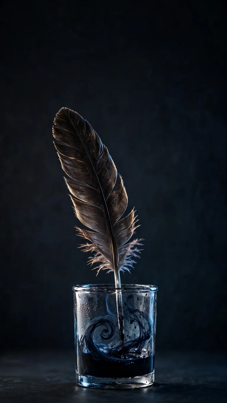Feather quill in a glass ink pot with swirling blue-black ink, minimal wallpaper