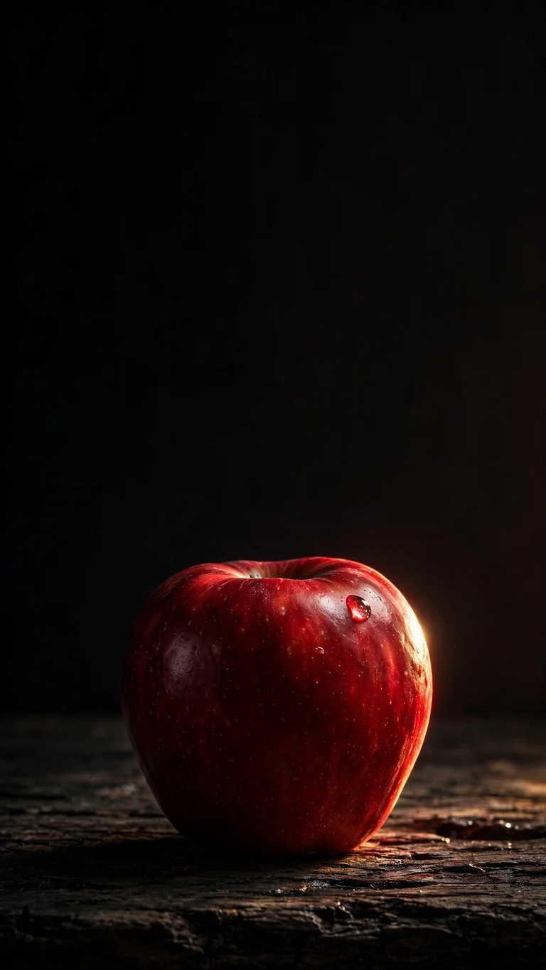 Glossy red apple on dark wood with a water droplet under dramatic light, minimal wallpaper