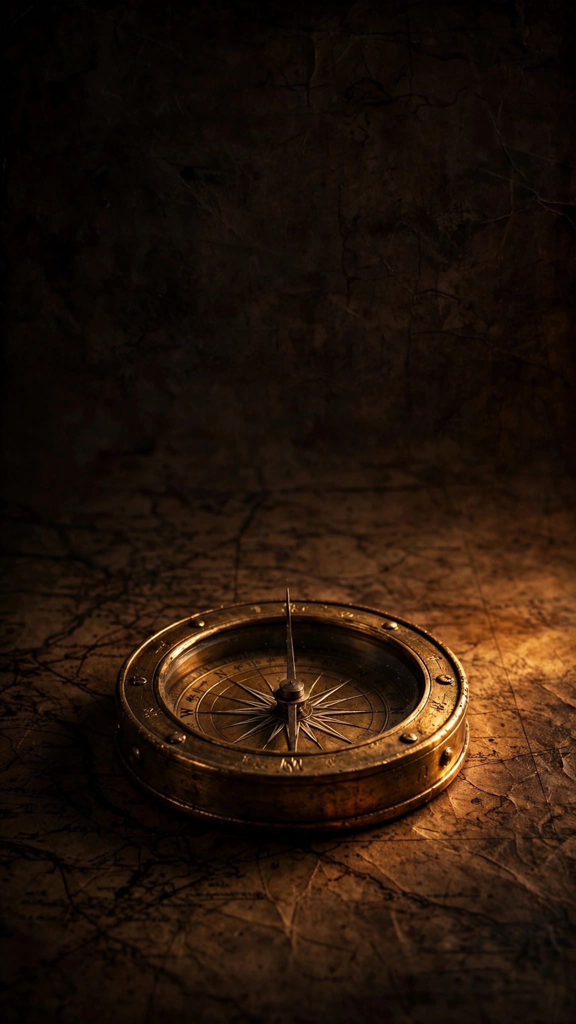 Brass compass on a dark map by candlelight, minimal wallpaper