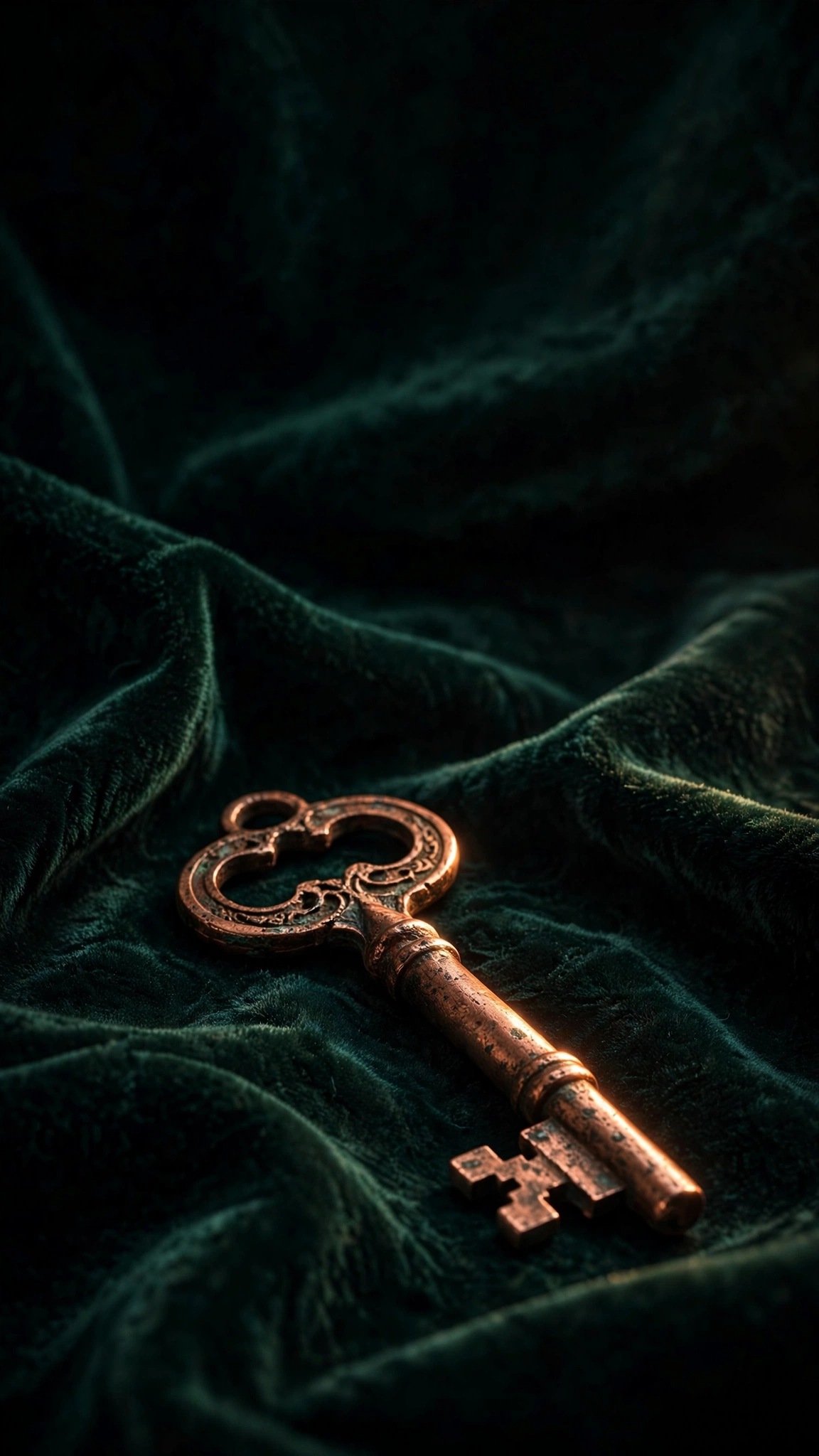Antique copper key on dark emerald velvet, minimal wallpaper
