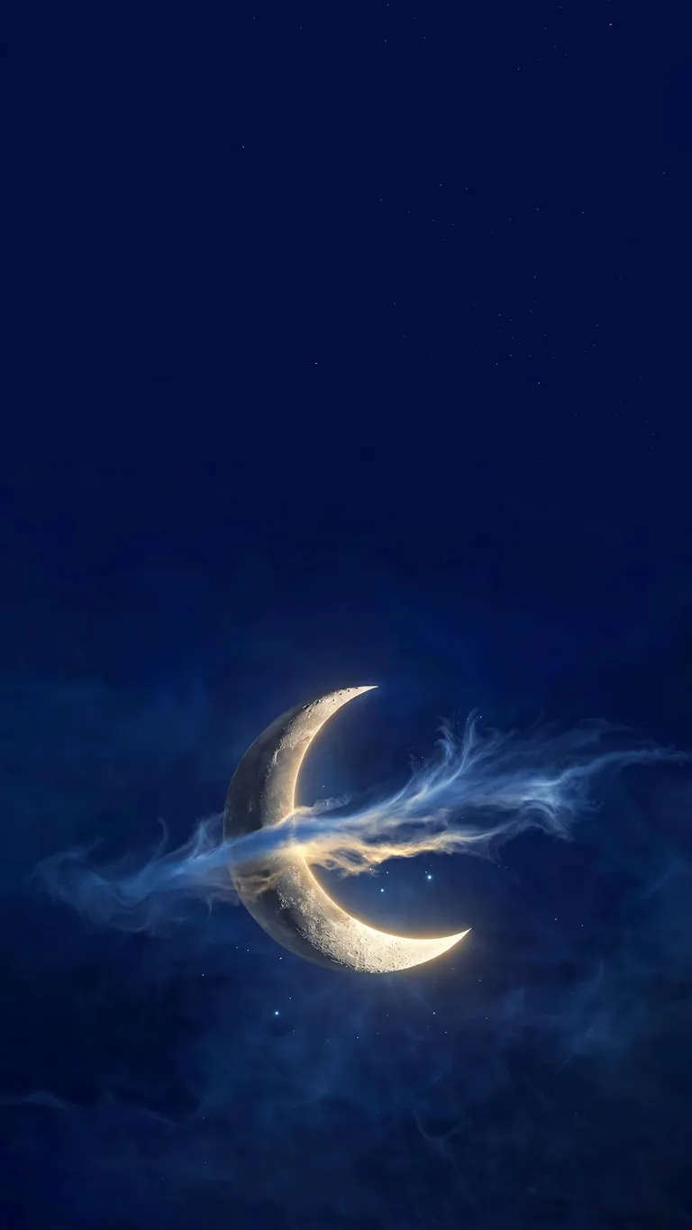 Crescent moon with a wispy cloud in indigo sky, minimal wallpaper