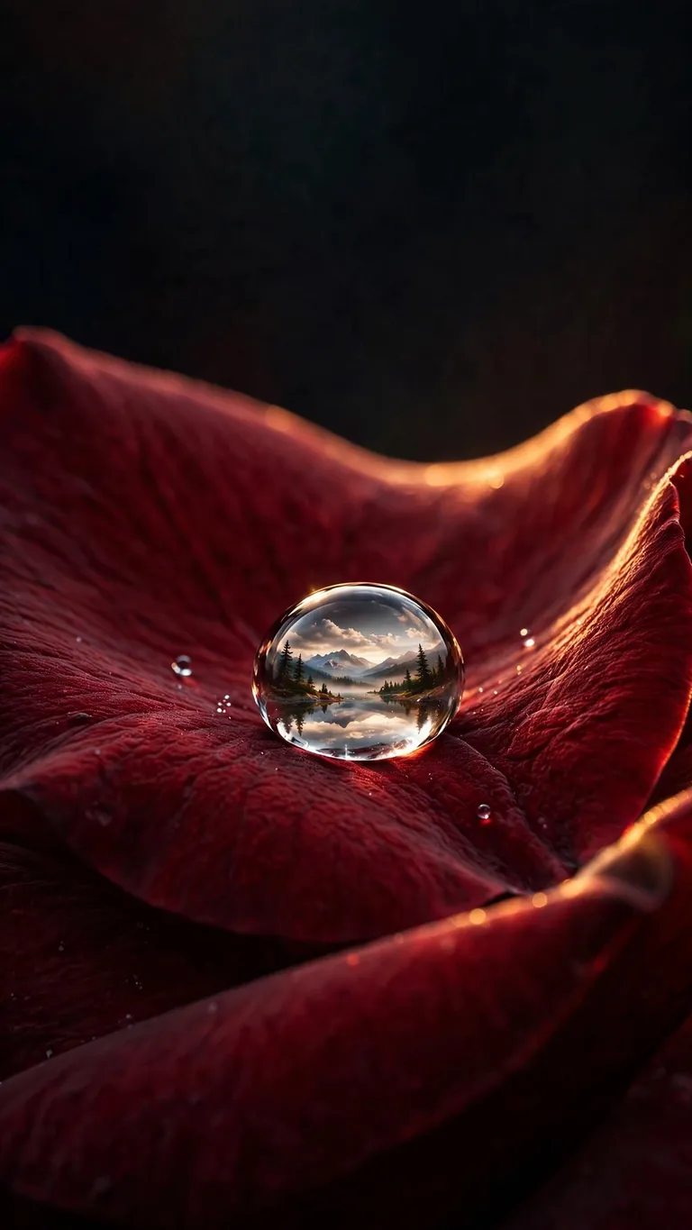 Dewdrop on a deep red rose petal, minimal wallpaper