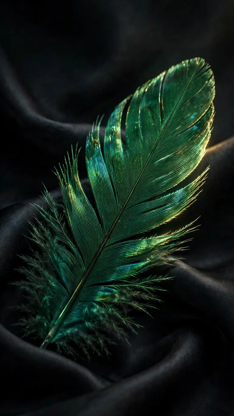 Emerald feather on black silk, minimal wallpaper