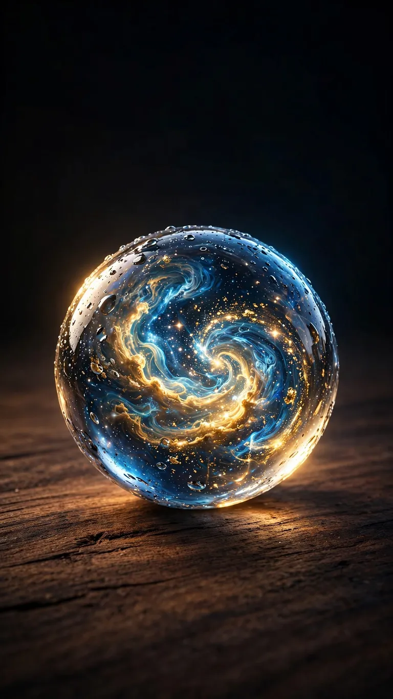 Glowing glass marble on dark walnut wood, minimal wallpaper