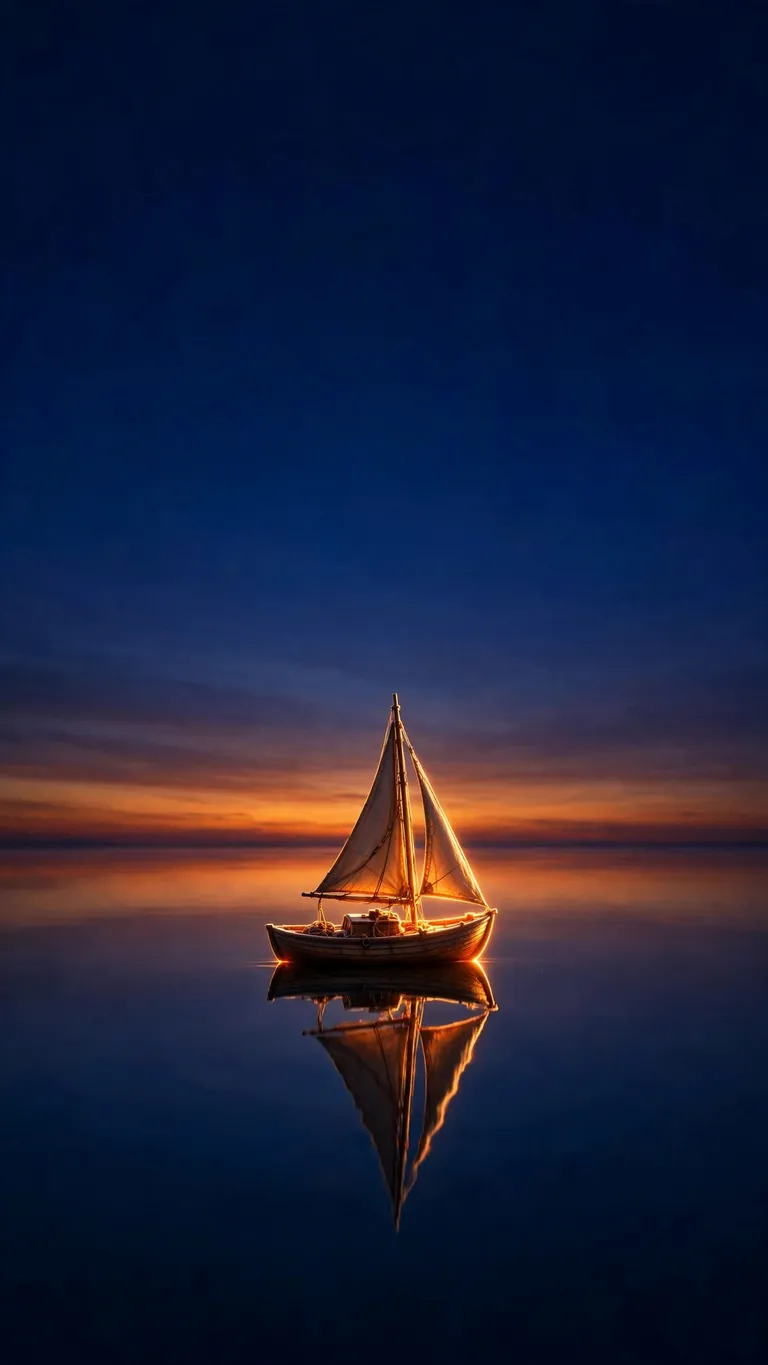 Lone sailboat on a calm sea at dusk, minimal wallpaper