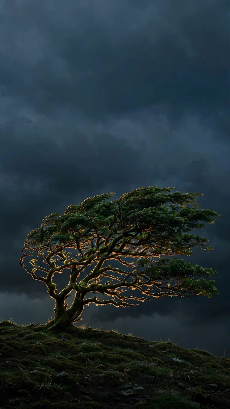 Windswept tree under a stormy sky, minimal wallpaper