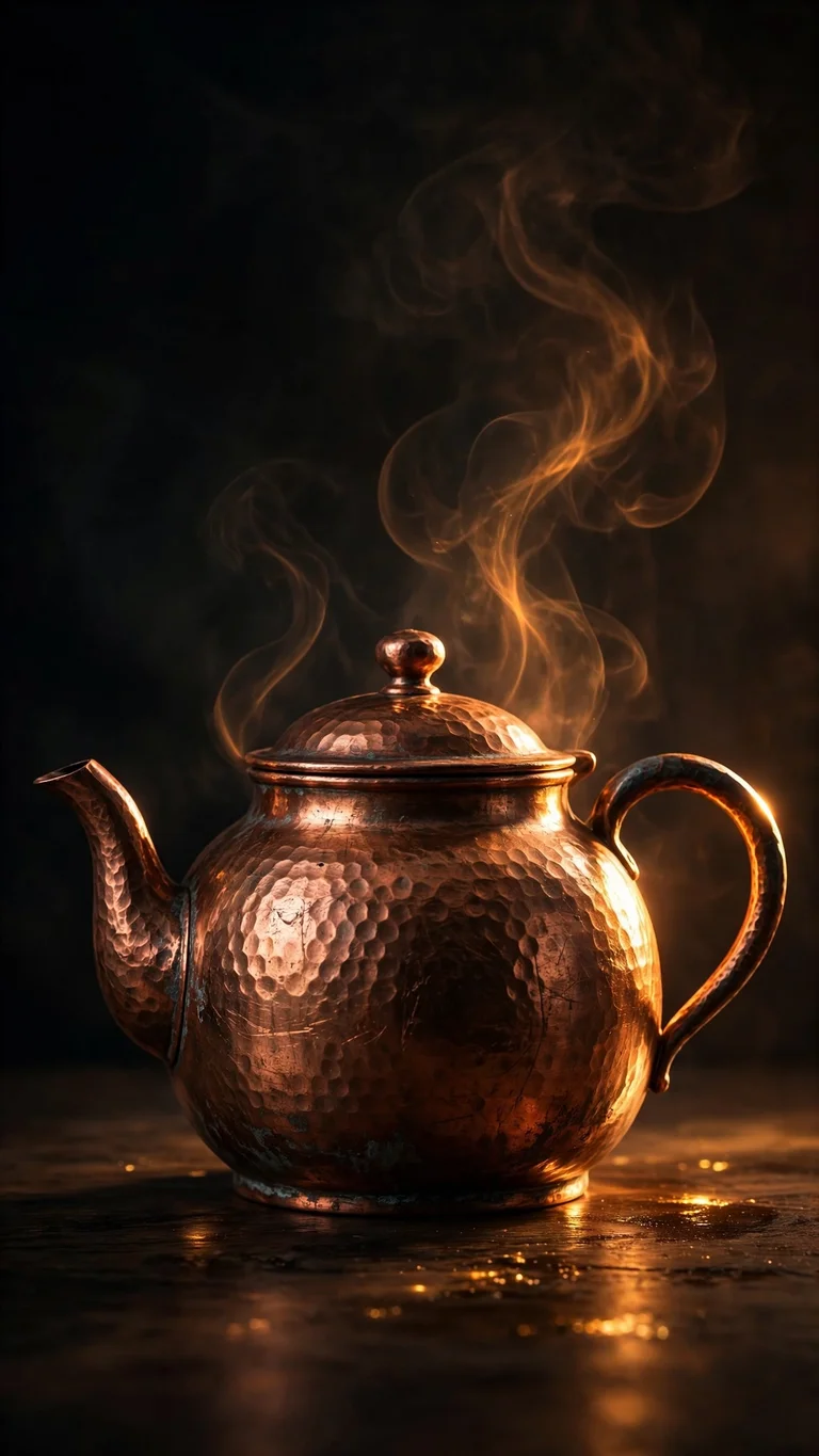 Hammered copper teapot with glowing steam rising in dramatic side light on a dark background, minimal wallpaper