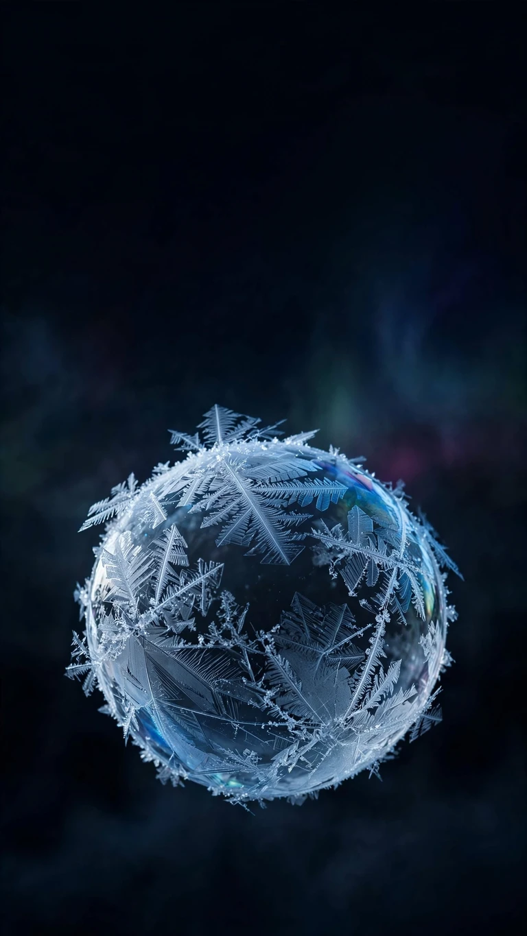 Frozen bubble with ice crystal patterns on dark winter night, minimal 9:16 wallpaper