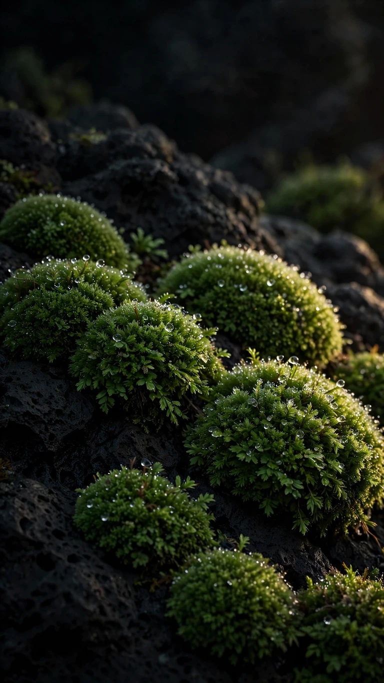 Glowing emerald moss with dewdrops on dark volcanic rock, minimal 9:16 wallpaper
