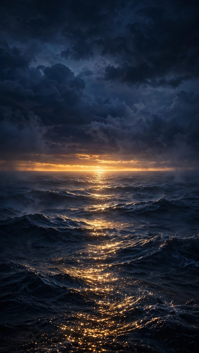 Golden sunrise band splitting dark sea and sky with glittering sun path, minimal 9:16 wallpaper