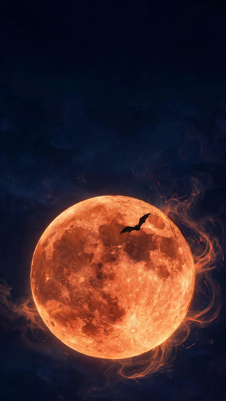 Bat silhouette flying across a glowing blood-orange harvest moon in a dark indigo night sky, minimal Halloween wallpaper