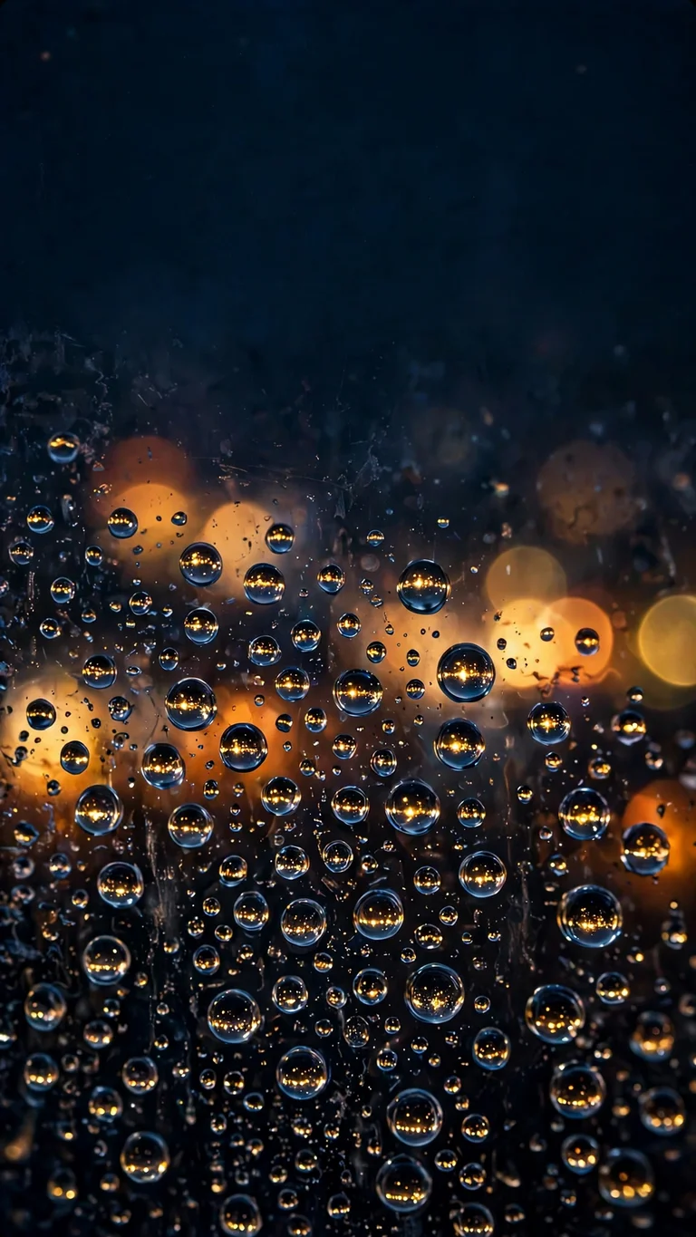 Raindrops beading on dark window glass with golden reflections and warm city bokeh at night, minimal wallpaper