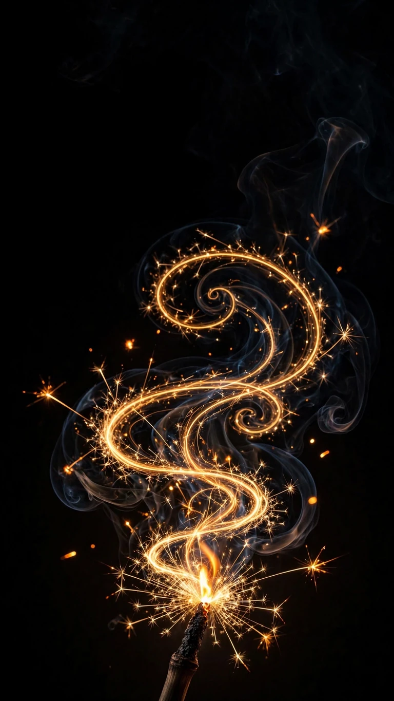 Golden sparkler light trails swirling on black night, minimal 9:16 wallpaper