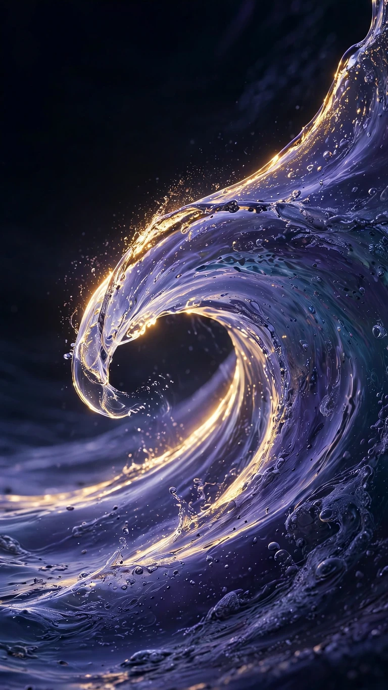 Violet ocean wave curl with golden rim light in macro, minimal 9:16 wallpaper