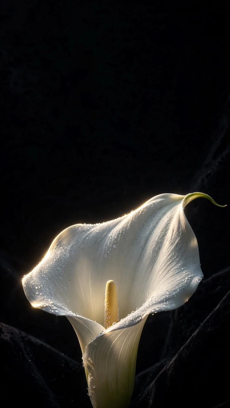 White calla lily glowing against black background, minimal 9:16 wallpaper