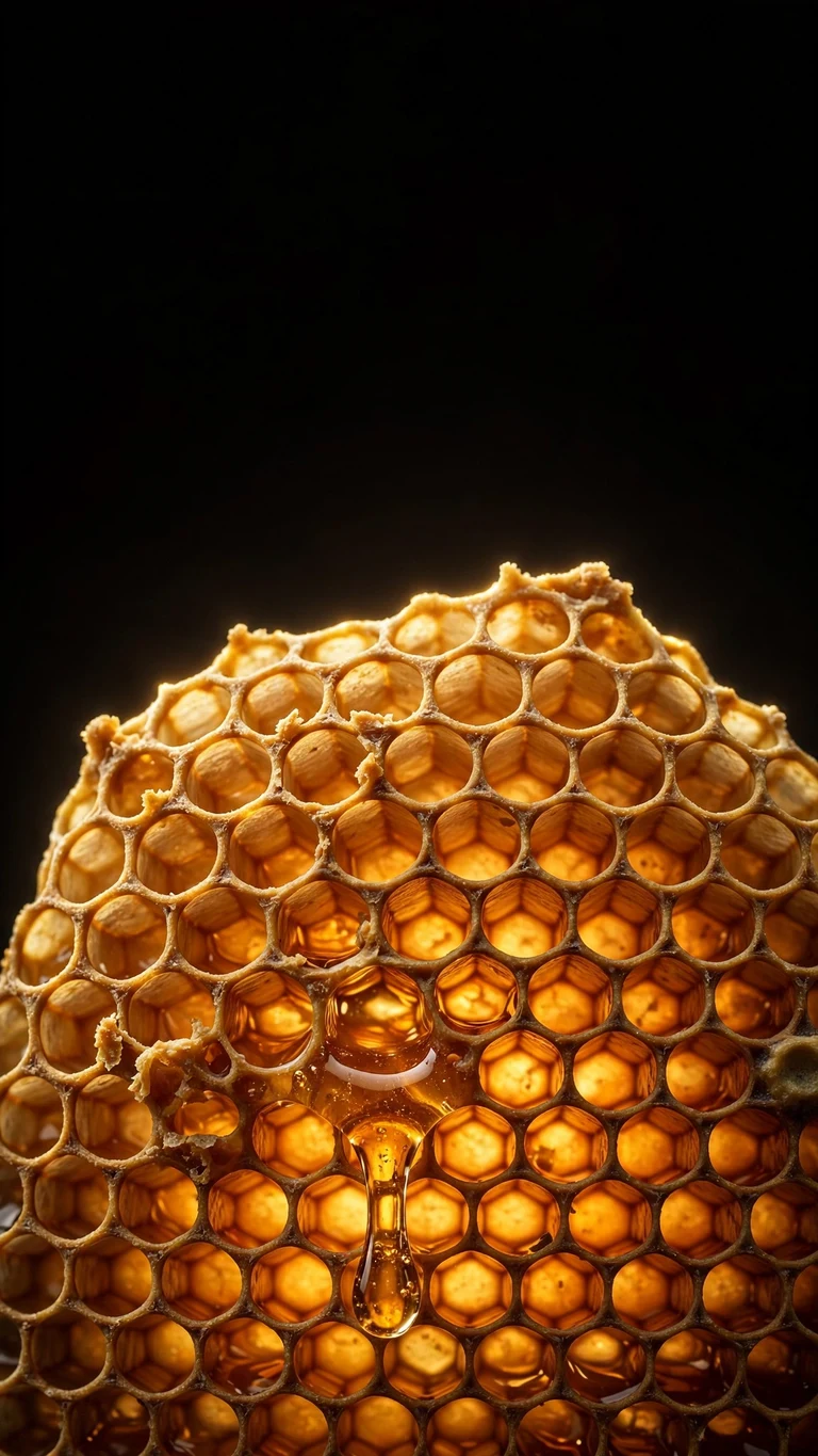 Amber honeycomb macro with golden honey drip on dark background, minimal wallpaper